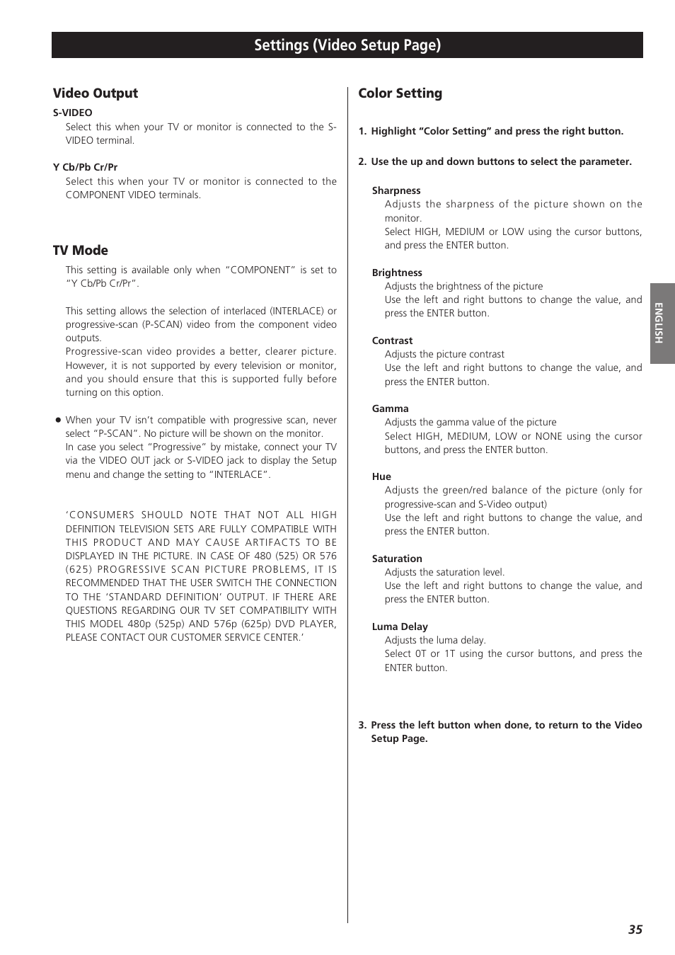 Video output, Tv mode, Color setting | Quality, Settings (video setup page) | Teac DVD Receiver DR-H300 User Manual | Page 35 / 136