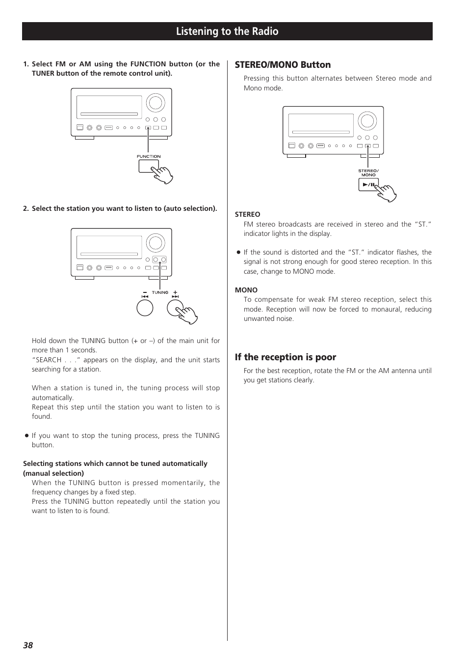 Listening to the radio, If the reception is poor, Stereo/mono button | Teac DVD Receiver DR-H300 User Manual | Page 38 / 136