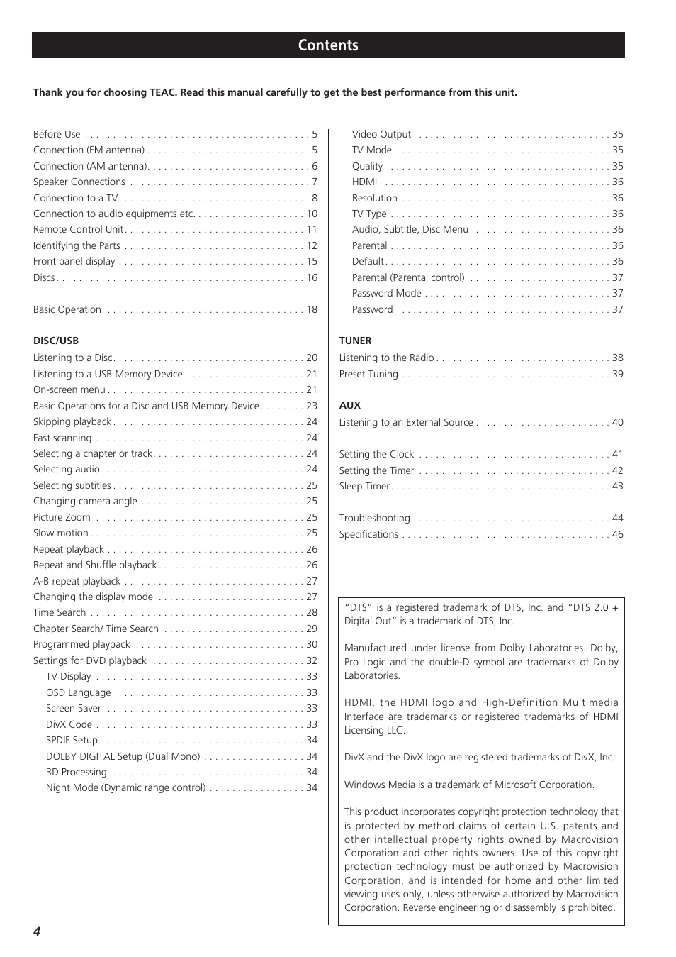 Teac DVD Receiver DR-H300 User Manual | Page 4 / 136