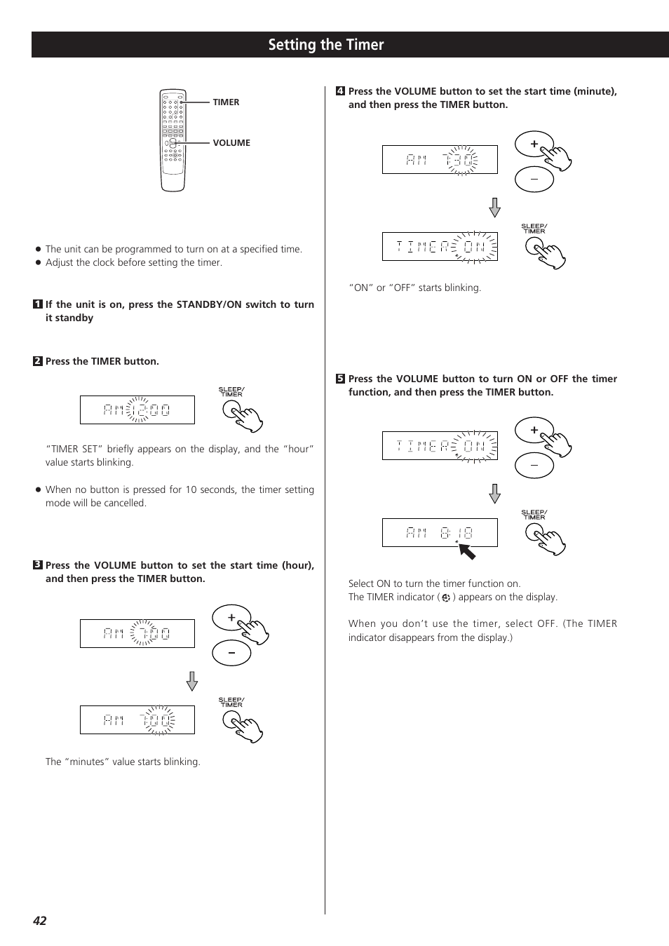 Setting the timer | Teac DVD Receiver DR-H300 User Manual | Page 42 / 136
