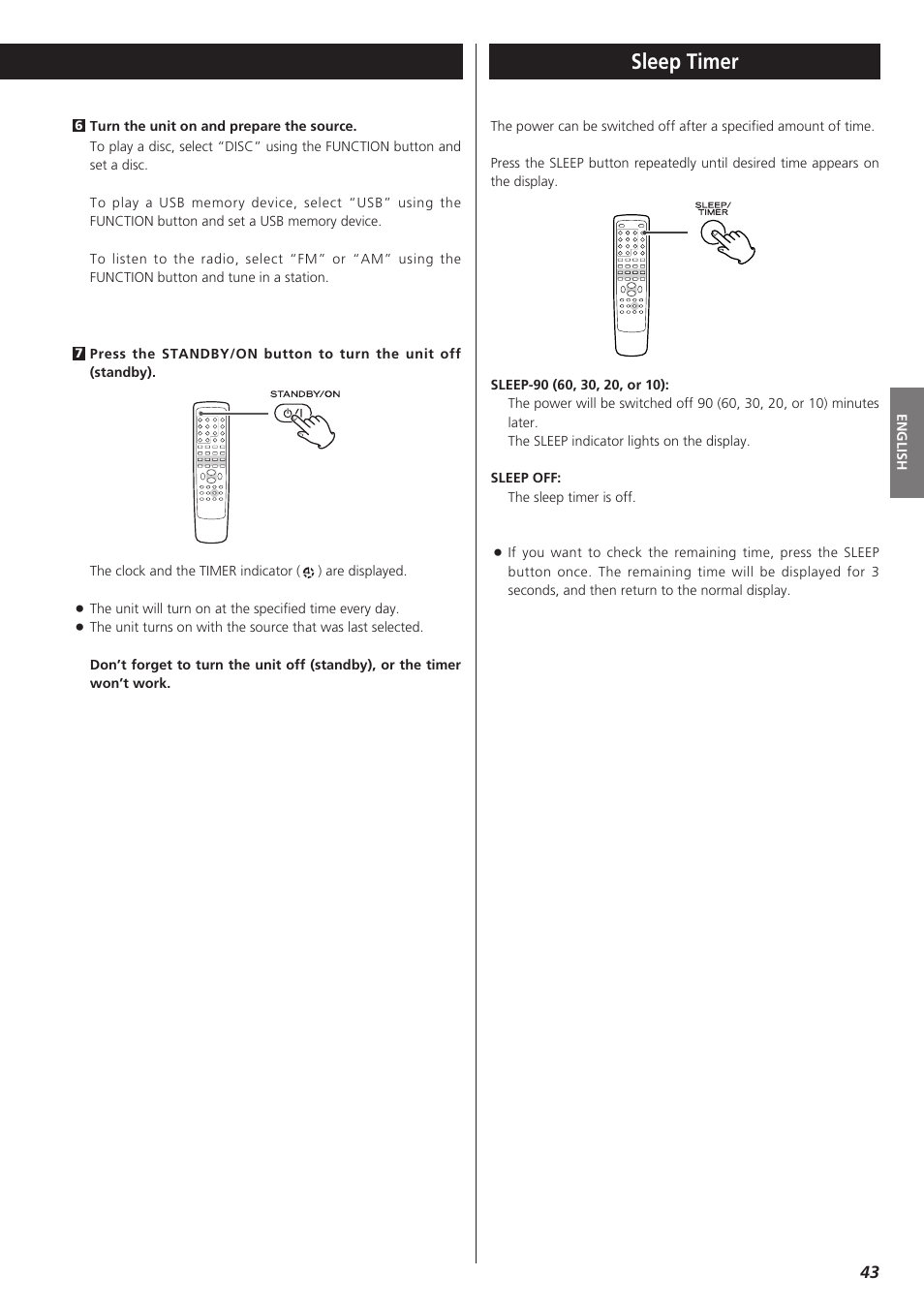 Sleep timer | Teac DVD Receiver DR-H300 User Manual | Page 43 / 136