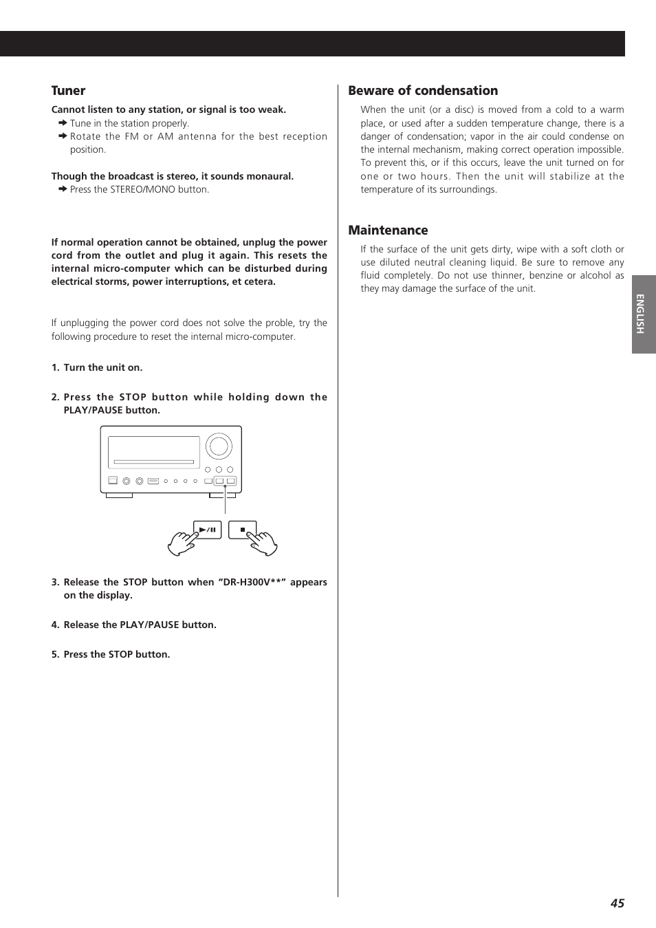 Tuner, Beware of condensation, Maintenance | Teac DVD Receiver DR-H300 User Manual | Page 45 / 136