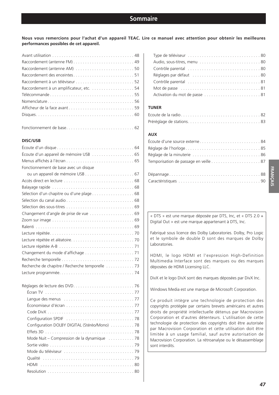 Français, Sommaire | Teac DVD Receiver DR-H300 User Manual | Page 47 / 136