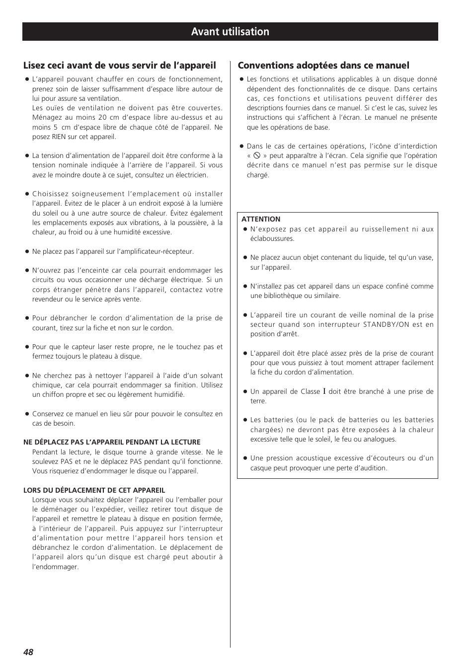 Avant utilisation, Lisez ceci avant de vous servir de l’appareil, Conventions adoptées dans ce manuel | Teac DVD Receiver DR-H300 User Manual | Page 48 / 136