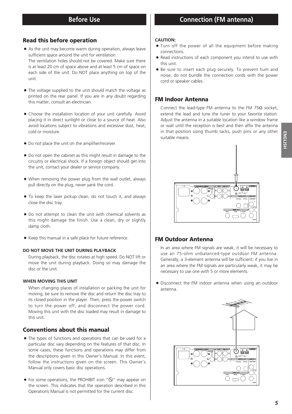 Before us, Connection (fm antenna), Before use connection (fm antenna) | Read this before operation, Conventions about this manual, Fm indoor antenna, Fm outdoor antenna | Teac DVD Receiver DR-H300 User Manual | Page 5 / 136