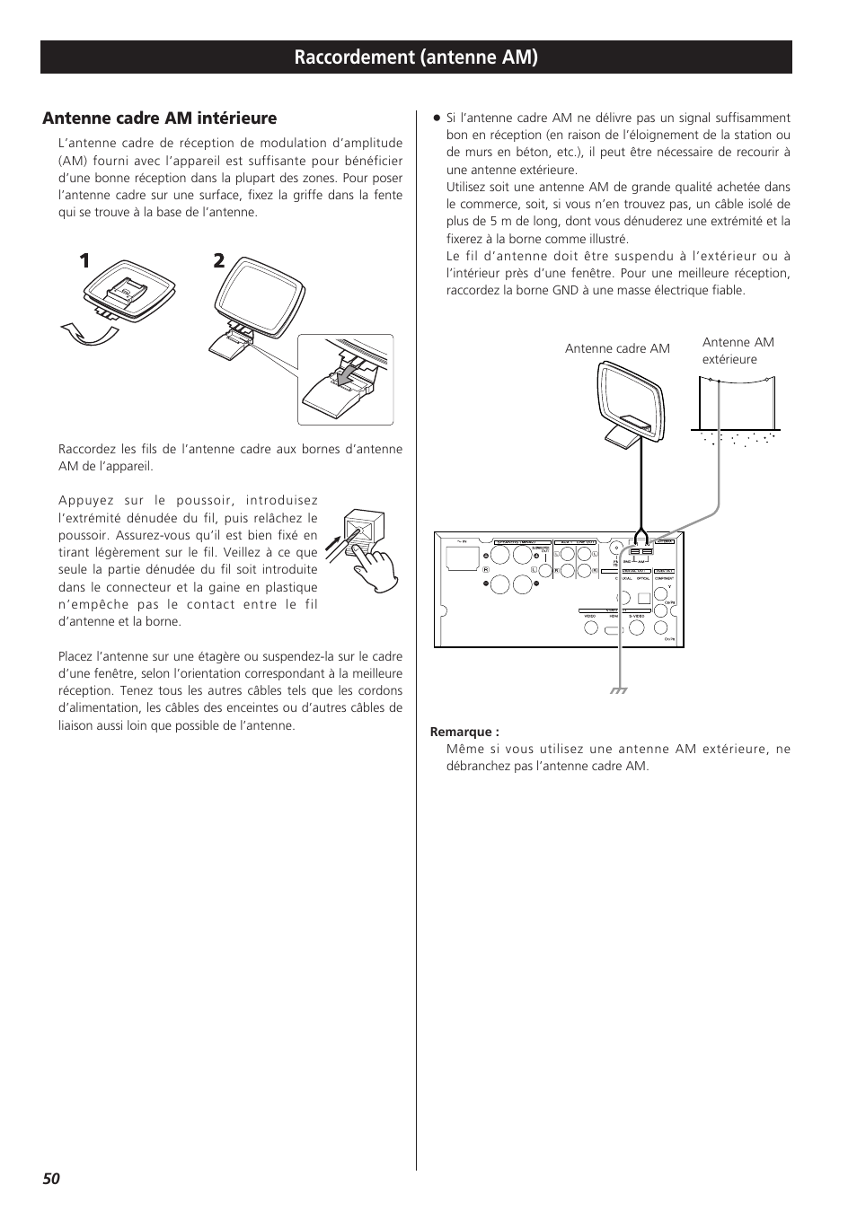 Raccordement (antenne am), Antenne cadre am intérieure | Teac DVD Receiver DR-H300 User Manual | Page 50 / 136