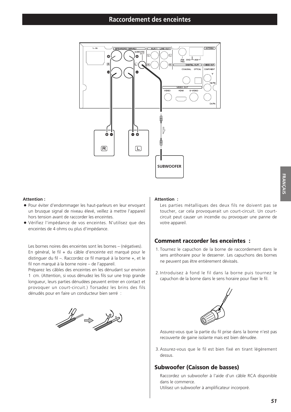 Raccordement des enceintes, Comment raccorder les enceintes, Subwoofer (caisson de basses) | Teac DVD Receiver DR-H300 User Manual | Page 51 / 136