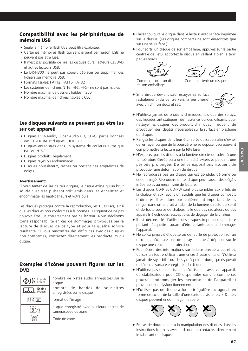 Exemples d’icônes pouvant figurer sur les dvd | Teac DVD Receiver DR-H300 User Manual | Page 61 / 136