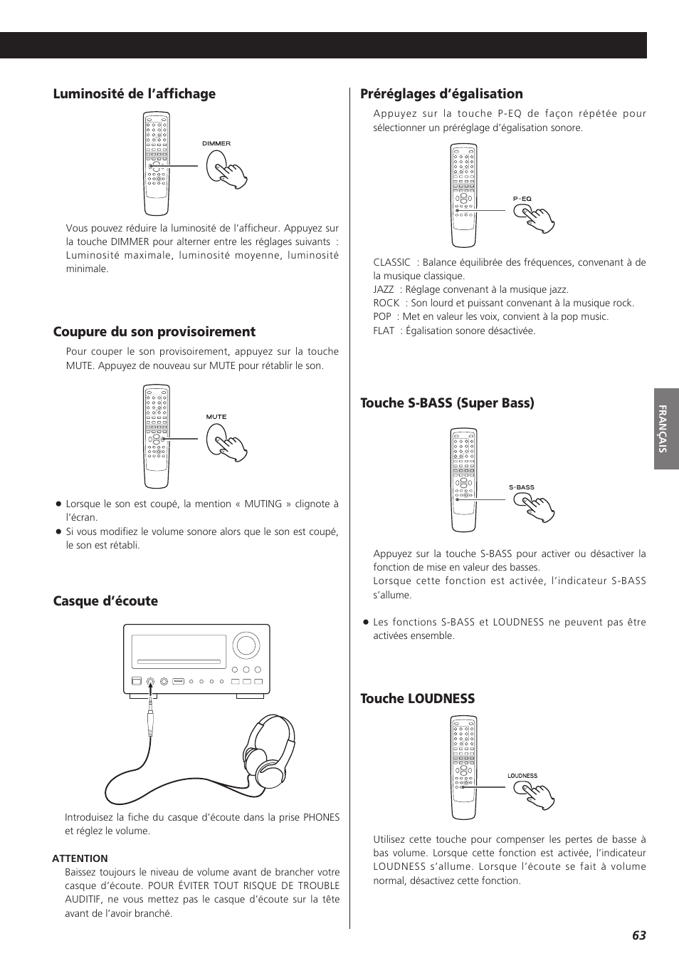 Préréglages d’égalisation, Casque d’écoute coupure du son provisoirement, Luminosité de l’affichage | Touche loudness touche s-bass (super bass) | Teac DVD Receiver DR-H300 User Manual | Page 63 / 136