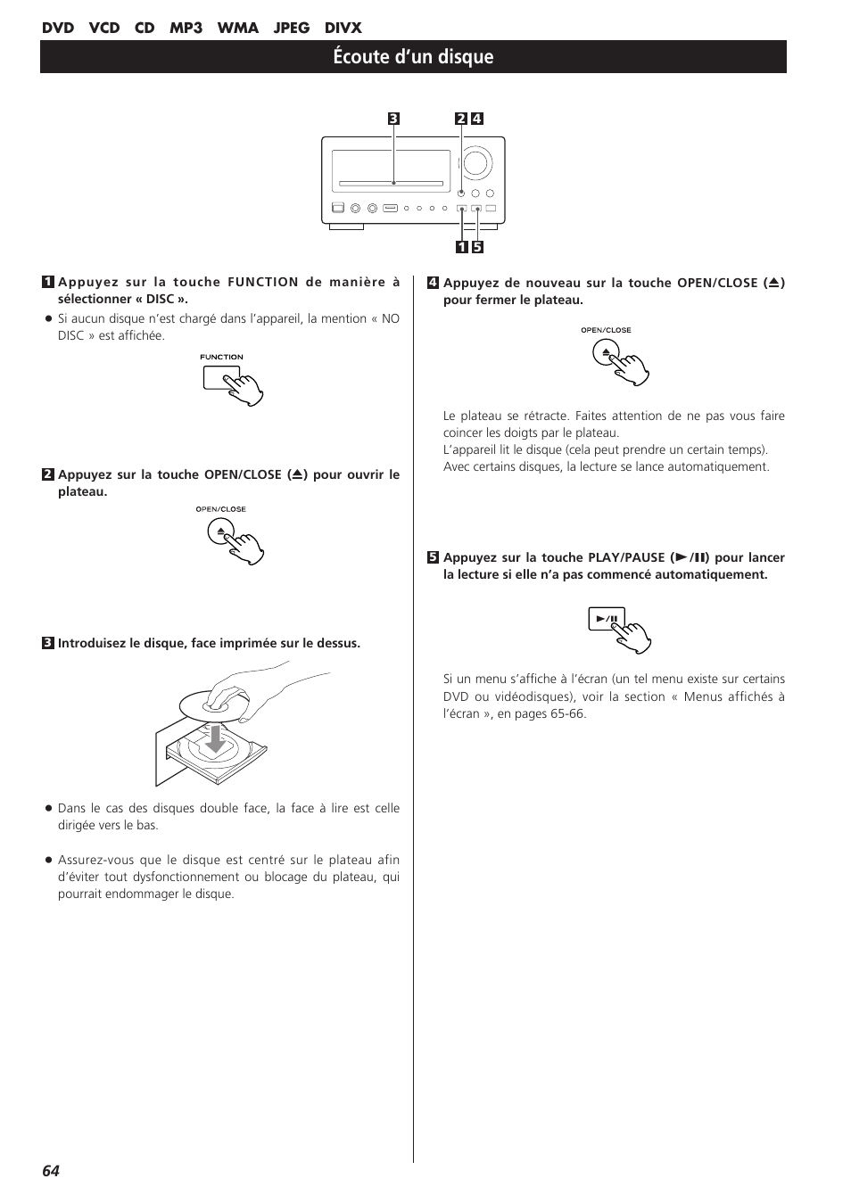 Écoute d’un disque | Teac DVD Receiver DR-H300 User Manual | Page 64 / 136