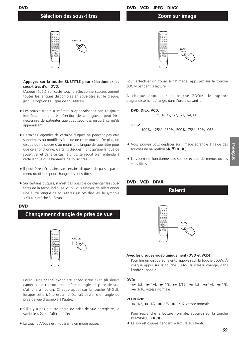 Sélection des sous-titres, Changement d’angle de prise de vue, Zoom sur image | Ralenti, Ralenti sélection des sous-titres | Teac DVD Receiver DR-H300 User Manual | Page 69 / 136