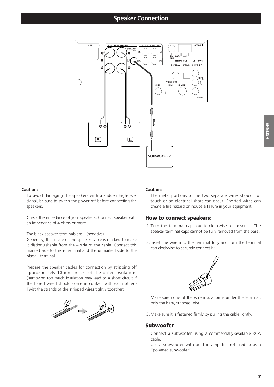 Speaker connections, Speaker connection, How to connect speakers | Subwoofer | Teac DVD Receiver DR-H300 User Manual | Page 7 / 136