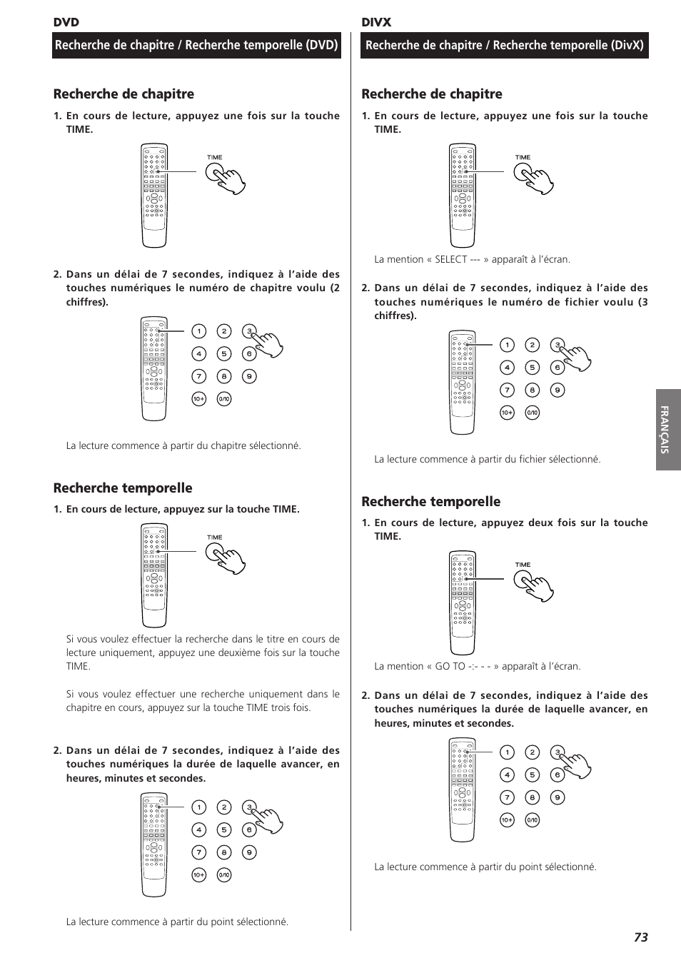 Recherche de chapitre / recherche temporelle, Recherche de chapitre, Recherche temporelle | Teac DVD Receiver DR-H300 User Manual | Page 73 / 136