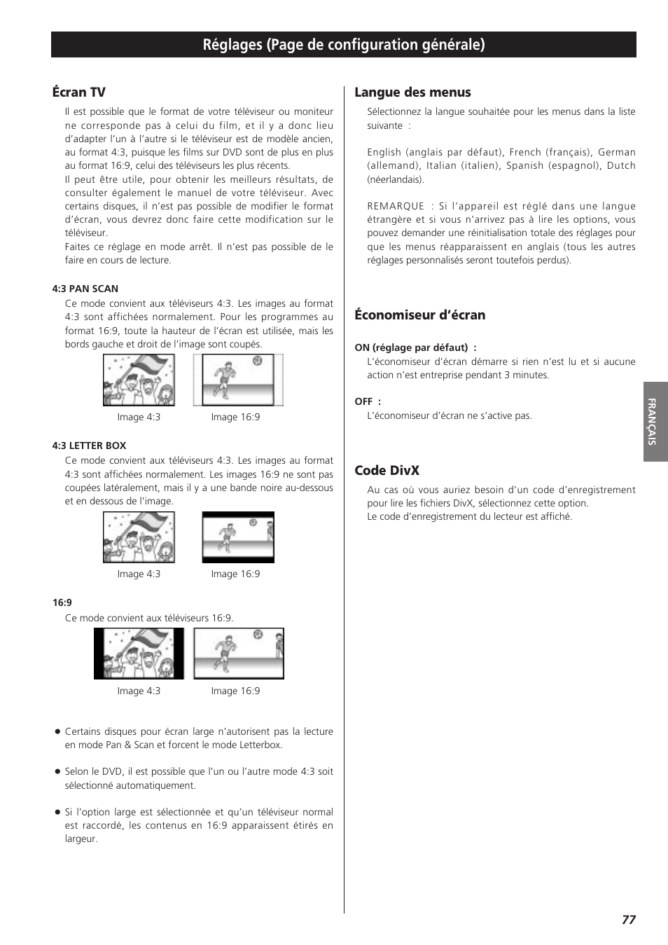 Écran tv, Langue des menus, Économiseur d’écran | Code divx, Réglages (page de configuration générale) | Teac DVD Receiver DR-H300 User Manual | Page 77 / 136