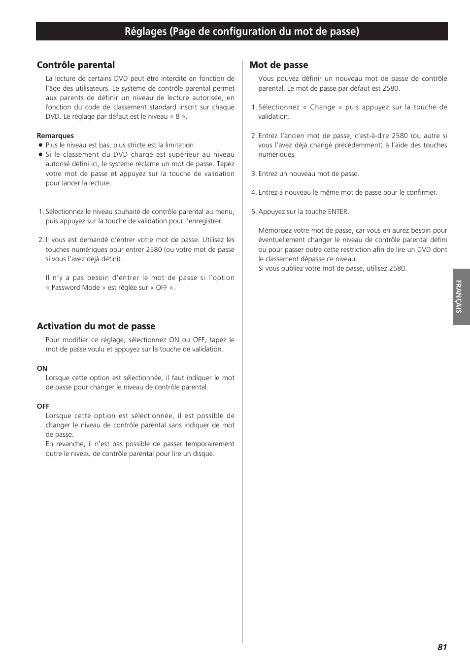 Contrôle parental, Activation du mot de passe, Mot de passe | Réglages (page de configuration du mot de passe) | Teac DVD Receiver DR-H300 User Manual | Page 81 / 136