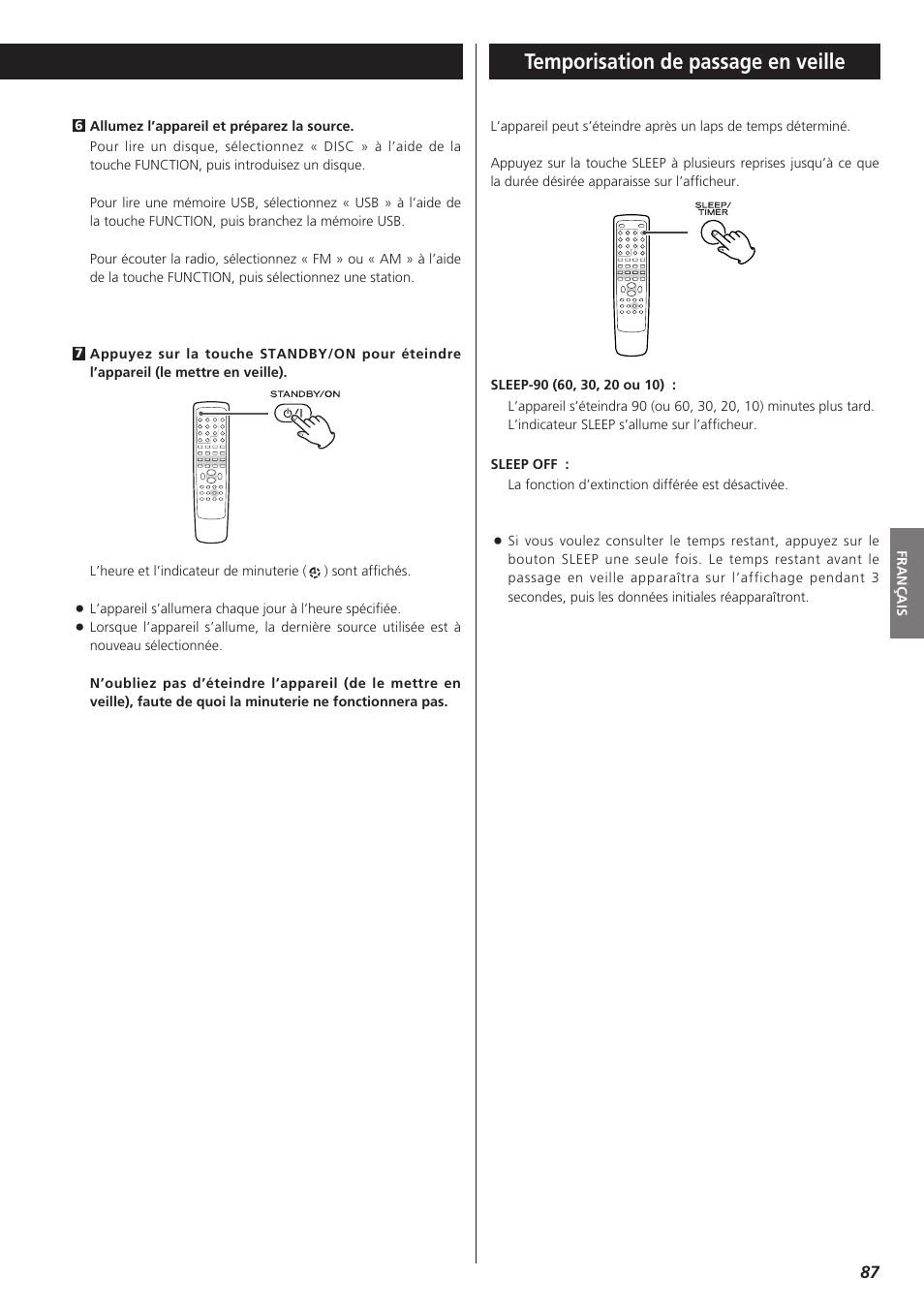 Temporisation de passage en veille | Teac DVD Receiver DR-H300 User Manual | Page 87 / 136