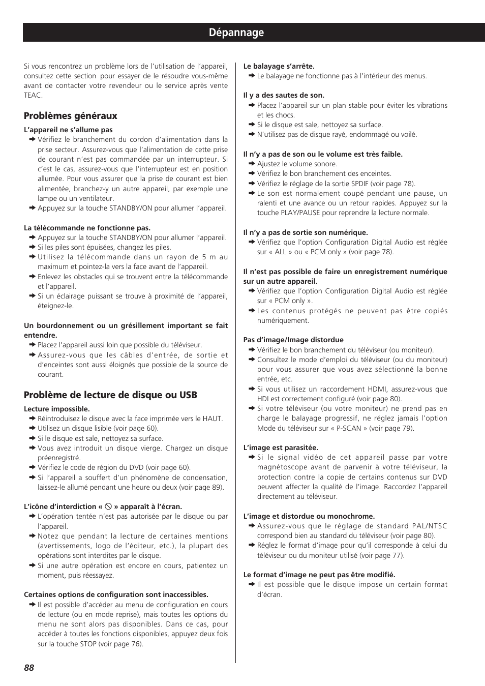 Dépannage, Problèmes généraux, Problème de lecture de disque ou usb | Teac DVD Receiver DR-H300 User Manual | Page 88 / 136