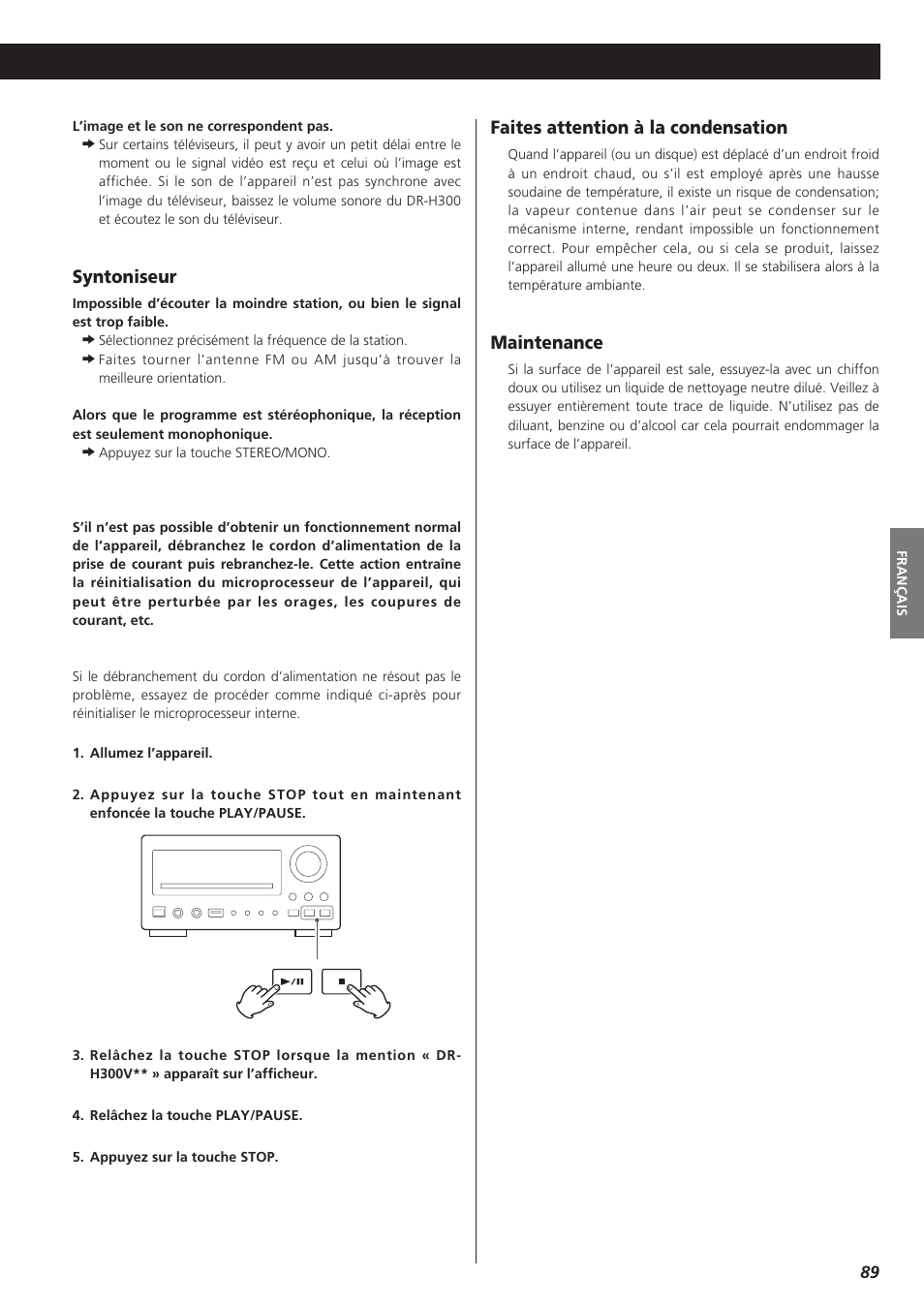 Syntoniseur, Faites attention à la condensation, Maintenance | Teac DVD Receiver DR-H300 User Manual | Page 89 / 136