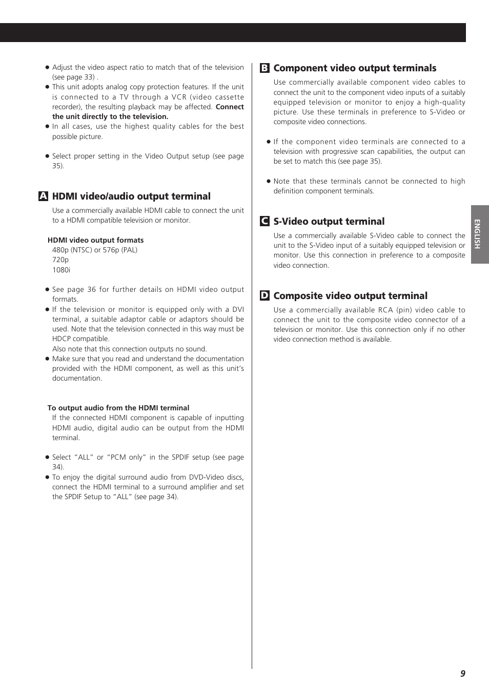 Component video output terminals, S-video output terminal, Composite video output terminal | Dc b, Hdmi video/audio output terminal | Teac DVD Receiver DR-H300 User Manual | Page 9 / 136