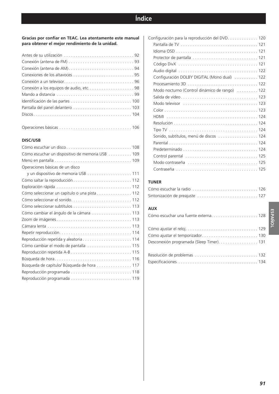 Español, Índice | Teac DVD Receiver DR-H300 User Manual | Page 91 / 136