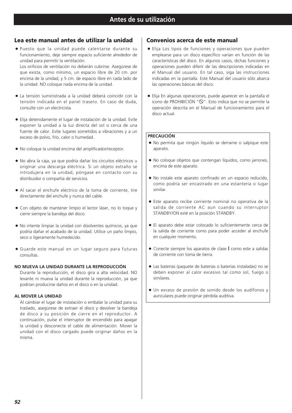 Antes de su utilización, Lea este manual antes de utilizar la unidad, Convenios acerca de este manual | Teac DVD Receiver DR-H300 User Manual | Page 92 / 136