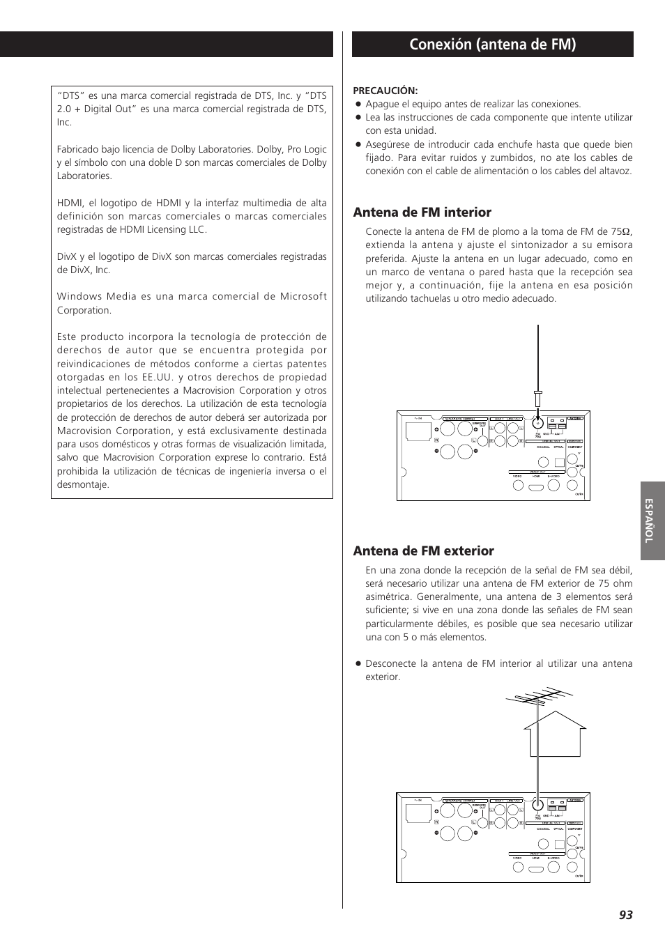 Conexión (antena de fm), Antena de fm interior, Antena de fm exterior | Teac DVD Receiver DR-H300 User Manual | Page 93 / 136