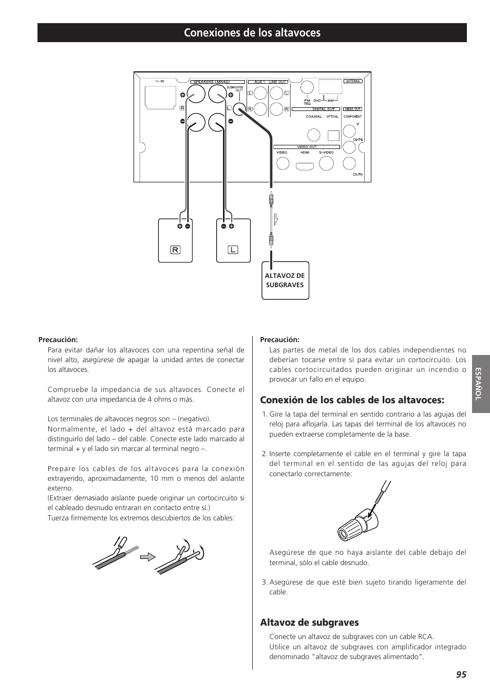 Conexiones de los altavoces, Conexión de los cables de los altavoces, Altavoz de subgraves | Teac DVD Receiver DR-H300 User Manual | Page 95 / 136