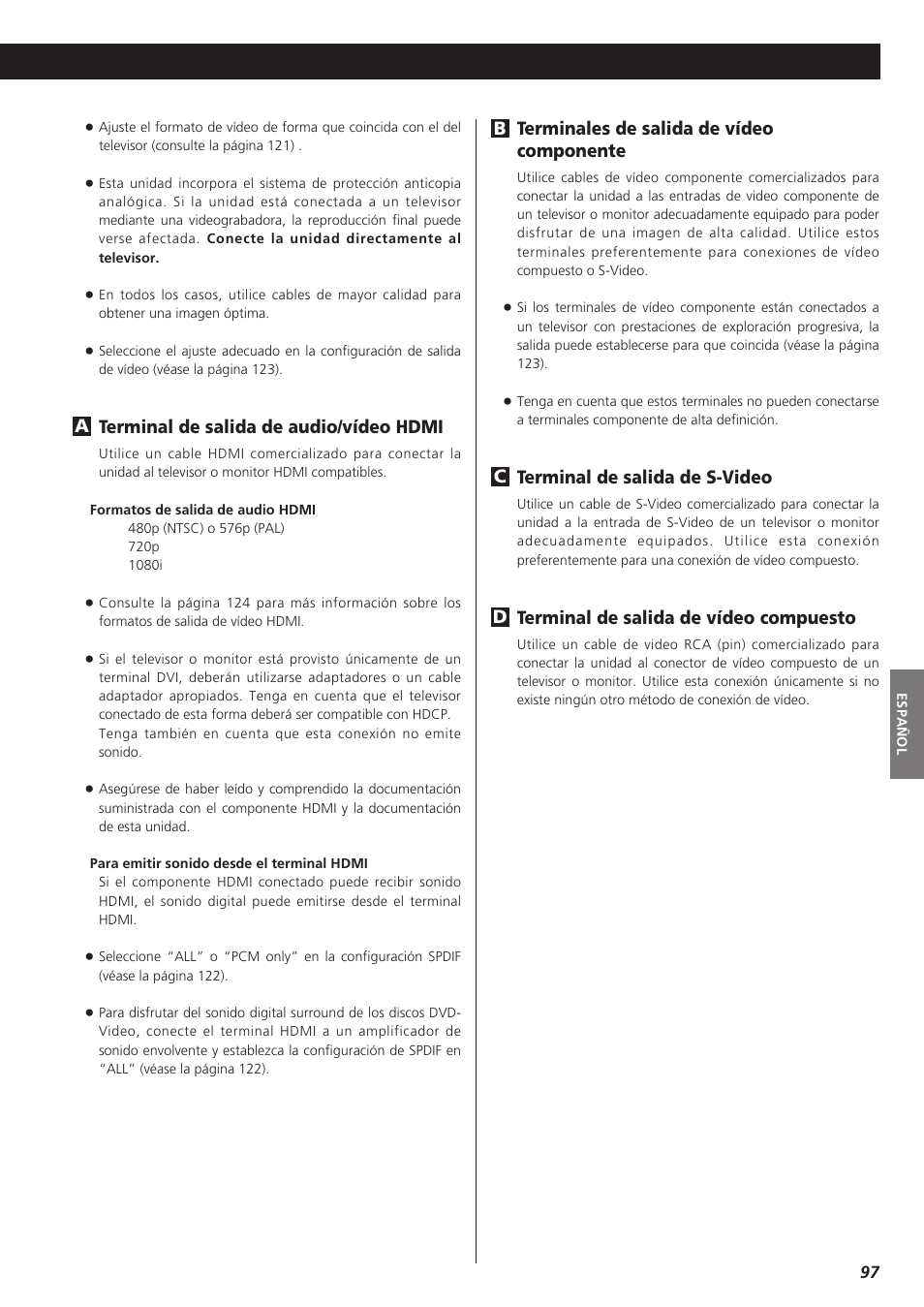 Terminales de salida de vídeo componente, Terminal de salida de s-video, Terminal de salida de vídeo compuesto | Dc b, Terminal de salida de audio/vídeo hdmi | Teac DVD Receiver DR-H300 User Manual | Page 97 / 136