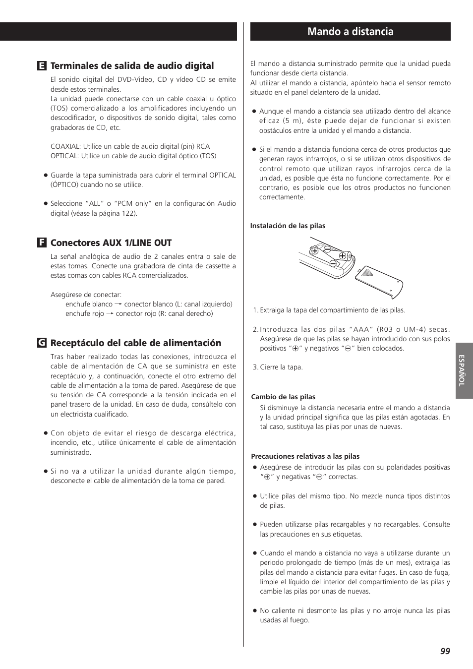 Mando a distancia, Terminales de salida de audio digital, Conectores aux 1/line out | Receptáculo del cable de alimentación, Gf e | Teac DVD Receiver DR-H300 User Manual | Page 99 / 136