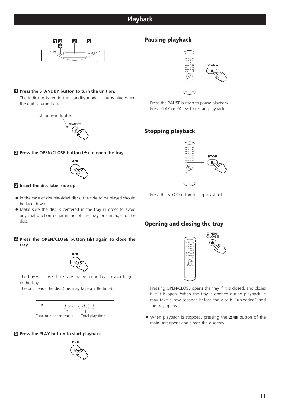 Playback, Opening and closing the tray pausing playback, Stopping playback | Teac SZ-1 User Manual | Page 11 / 24