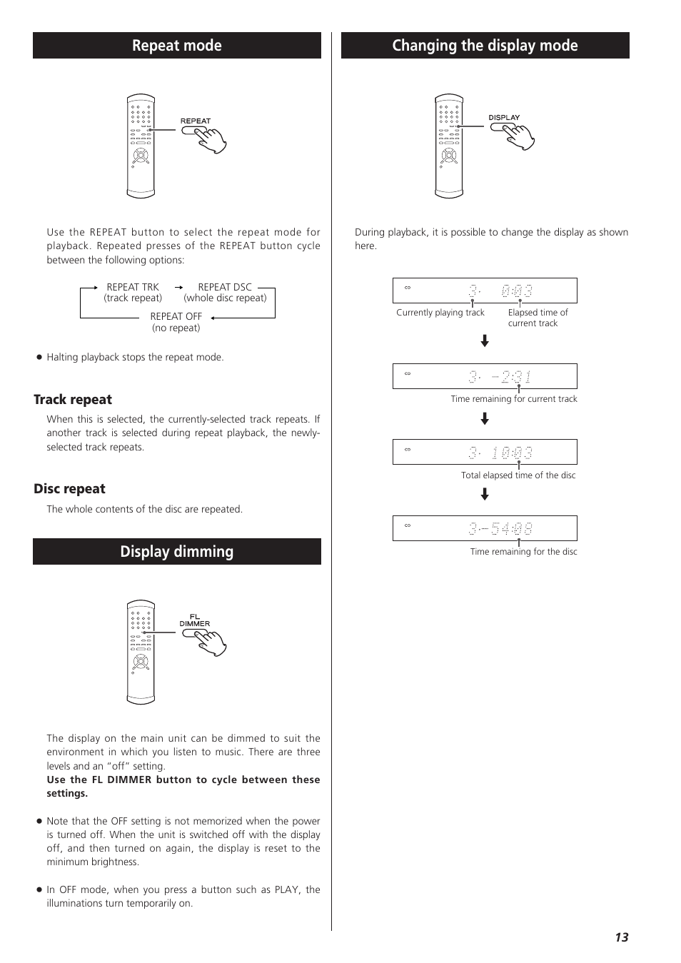 Repeat mode, Display dimming, Changing the display mode | Track repeat, Disc repeat | Teac SZ-1 User Manual | Page 13 / 24