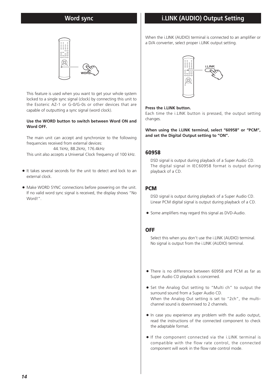 Word sync, I.link (audio) output setting | Teac SZ-1 User Manual | Page 14 / 24