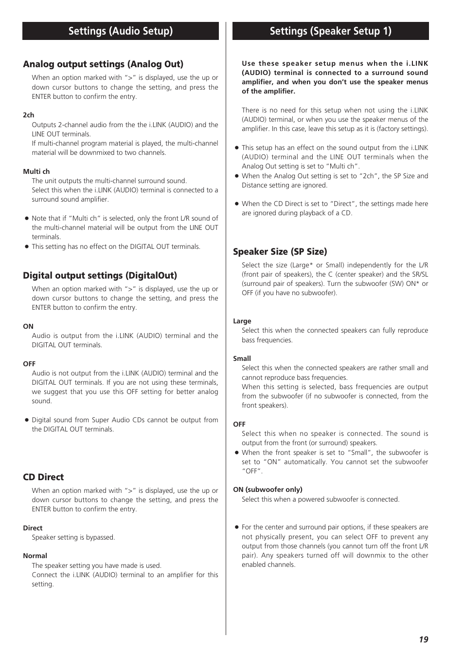 Settings (audio setup), Settings (speaker setup 1), Analog output settings (analog out) | Digital output settings (digitalout), Cd direct, Speaker size (sp size) | Teac SZ-1 User Manual | Page 19 / 24