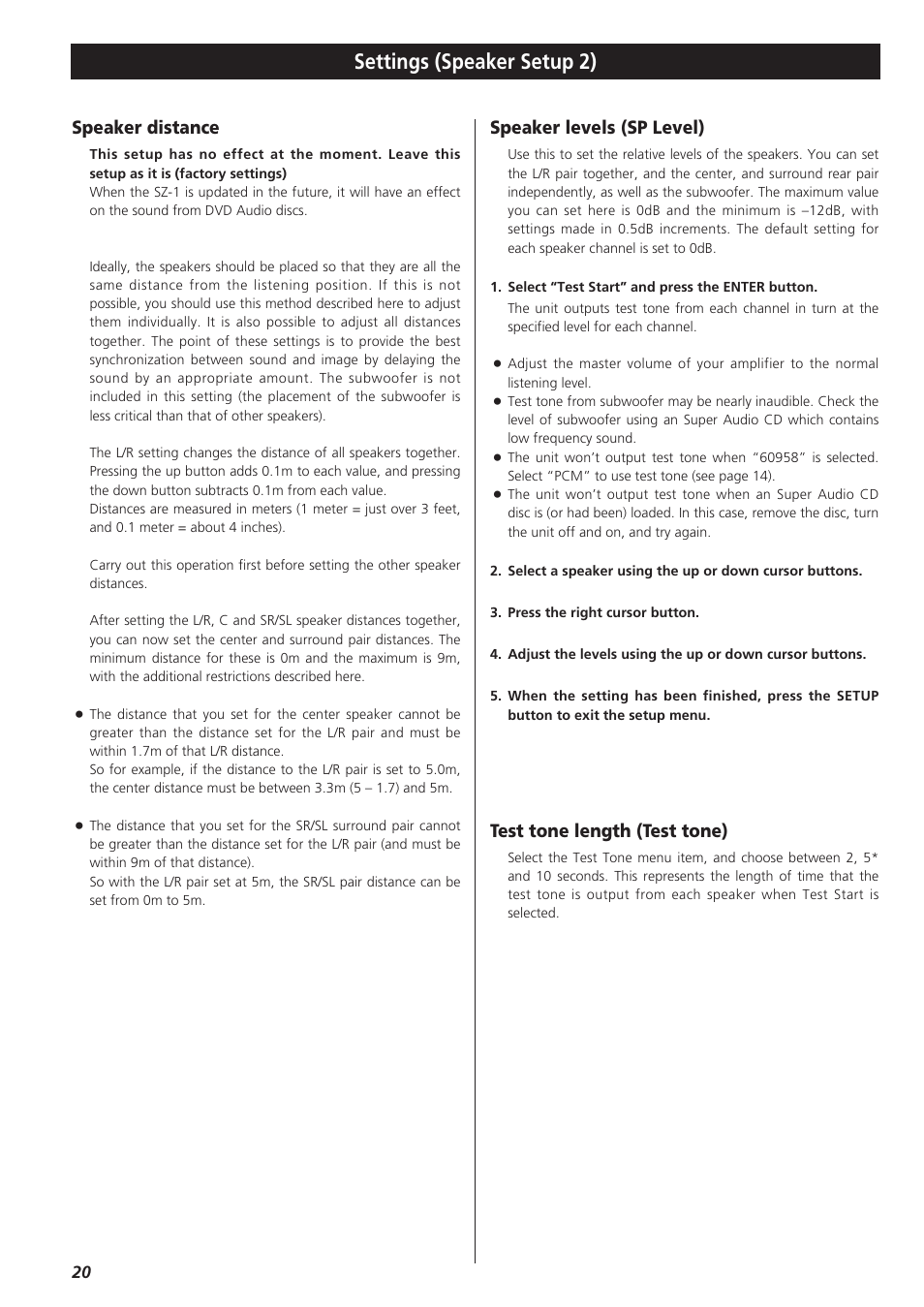 Settings (speaker setup 2), Speaker distance, Speaker levels (sp level) | Test tone length (test tone) | Teac SZ-1 User Manual | Page 20 / 24