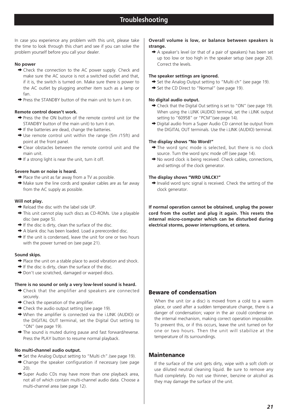 Troubleshooting, Beware of condensation, Maintenance | Teac SZ-1 User Manual | Page 21 / 24