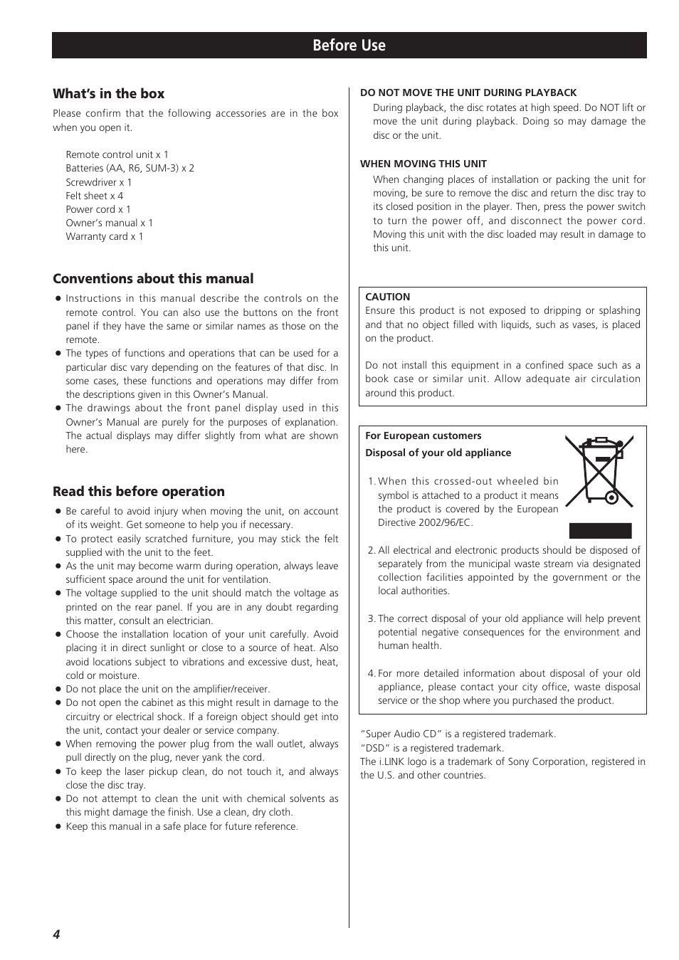 Before use, What’s in the box, Conventions about this manual | Read this before operation | Teac SZ-1 User Manual | Page 4 / 24