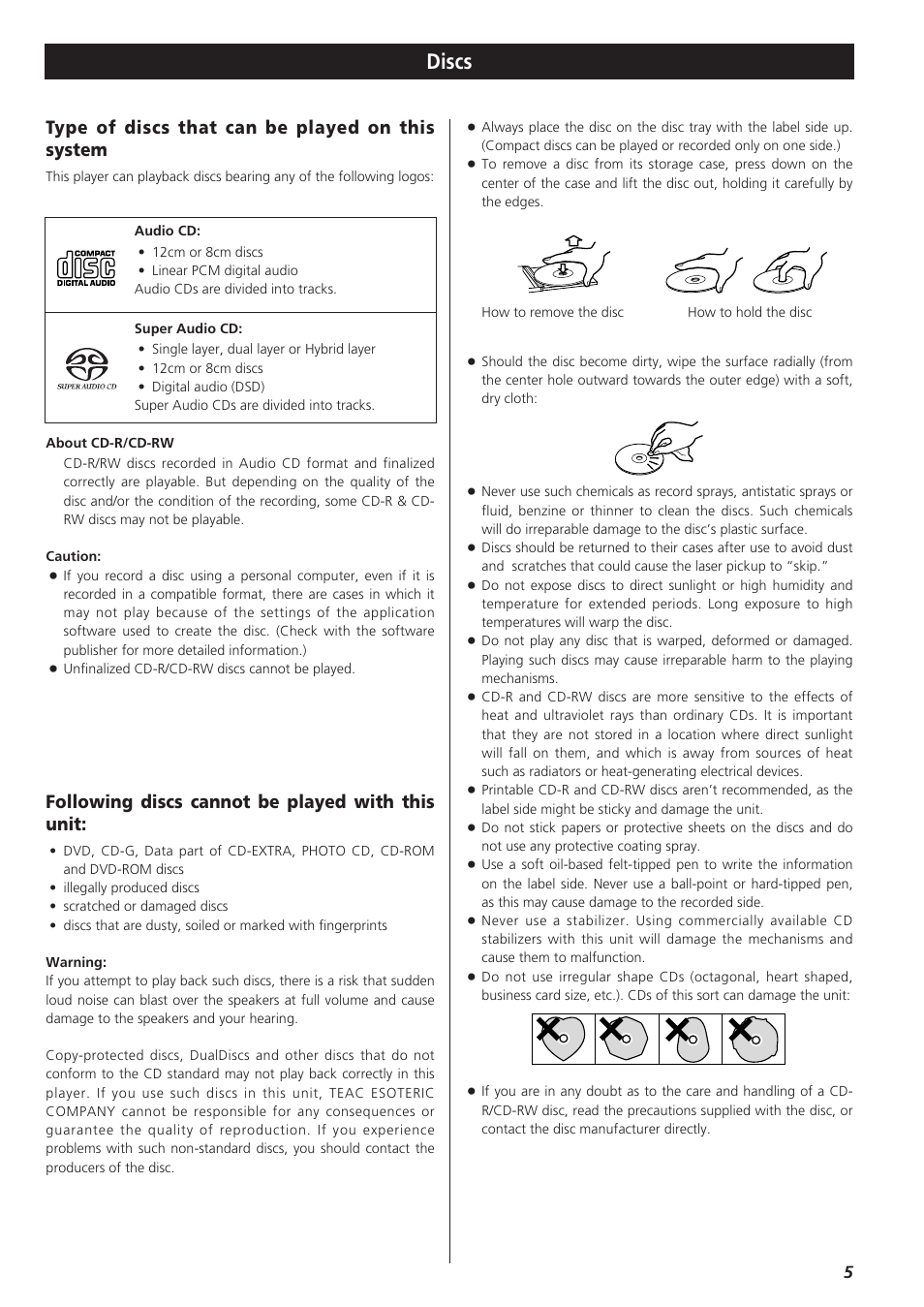 Discs, Type of discs that can be played on this system, Following discs cannot be played with this unit | Teac SZ-1 User Manual | Page 5 / 24