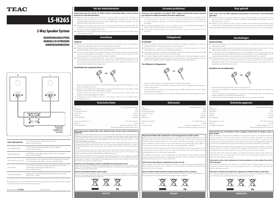 Ls-h265, Way speaker system | Teac LS-H265 User Manual | Page 2 / 2