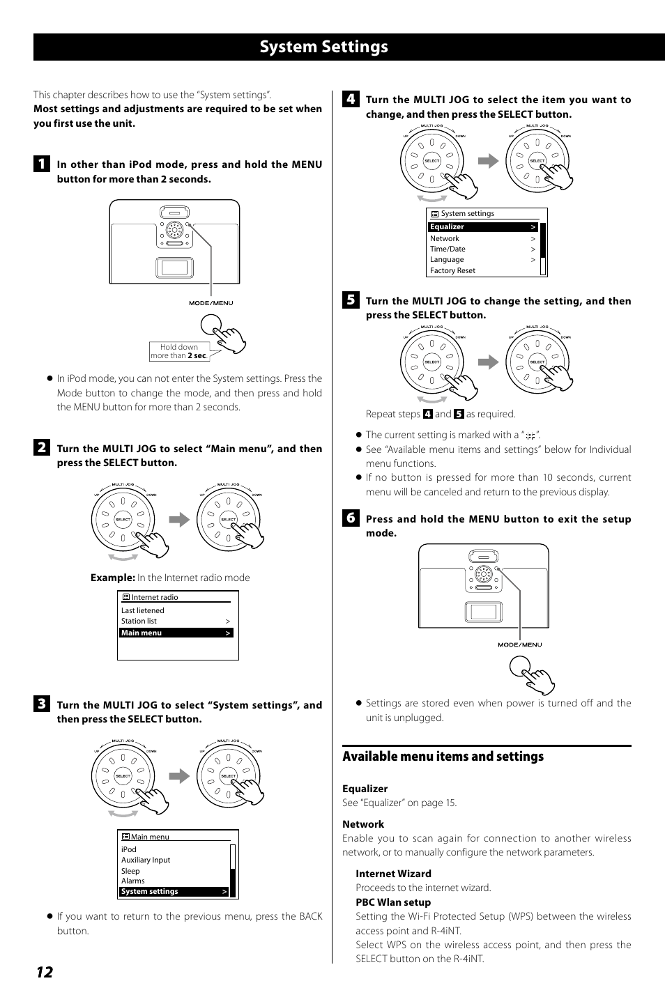 System settings, Setting the clock, Available menu items and settings | Teac R4-INT User Manual | Page 12 / 36