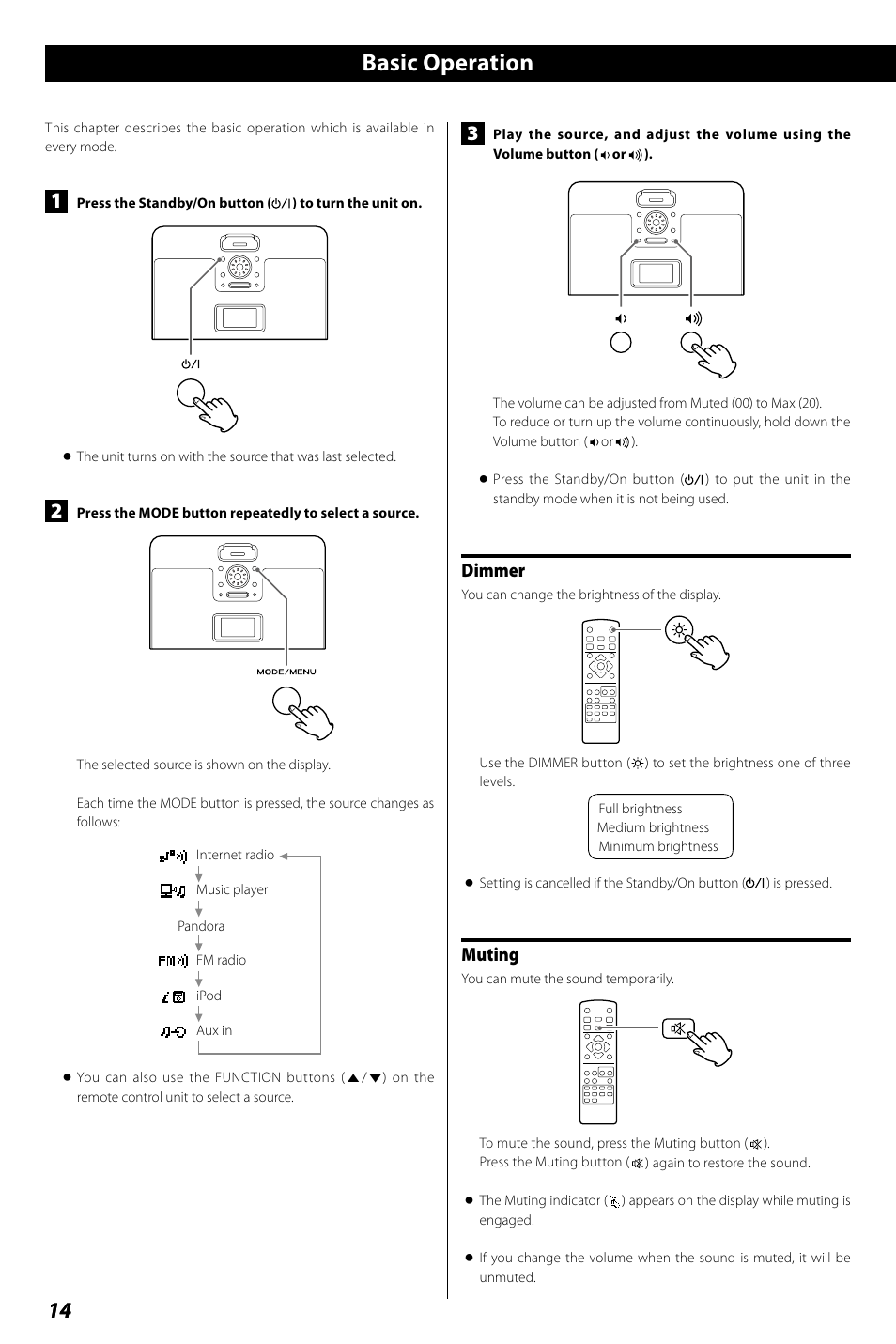 Basic operation, Dimmer, Muting | Teac R4-INT User Manual | Page 14 / 36