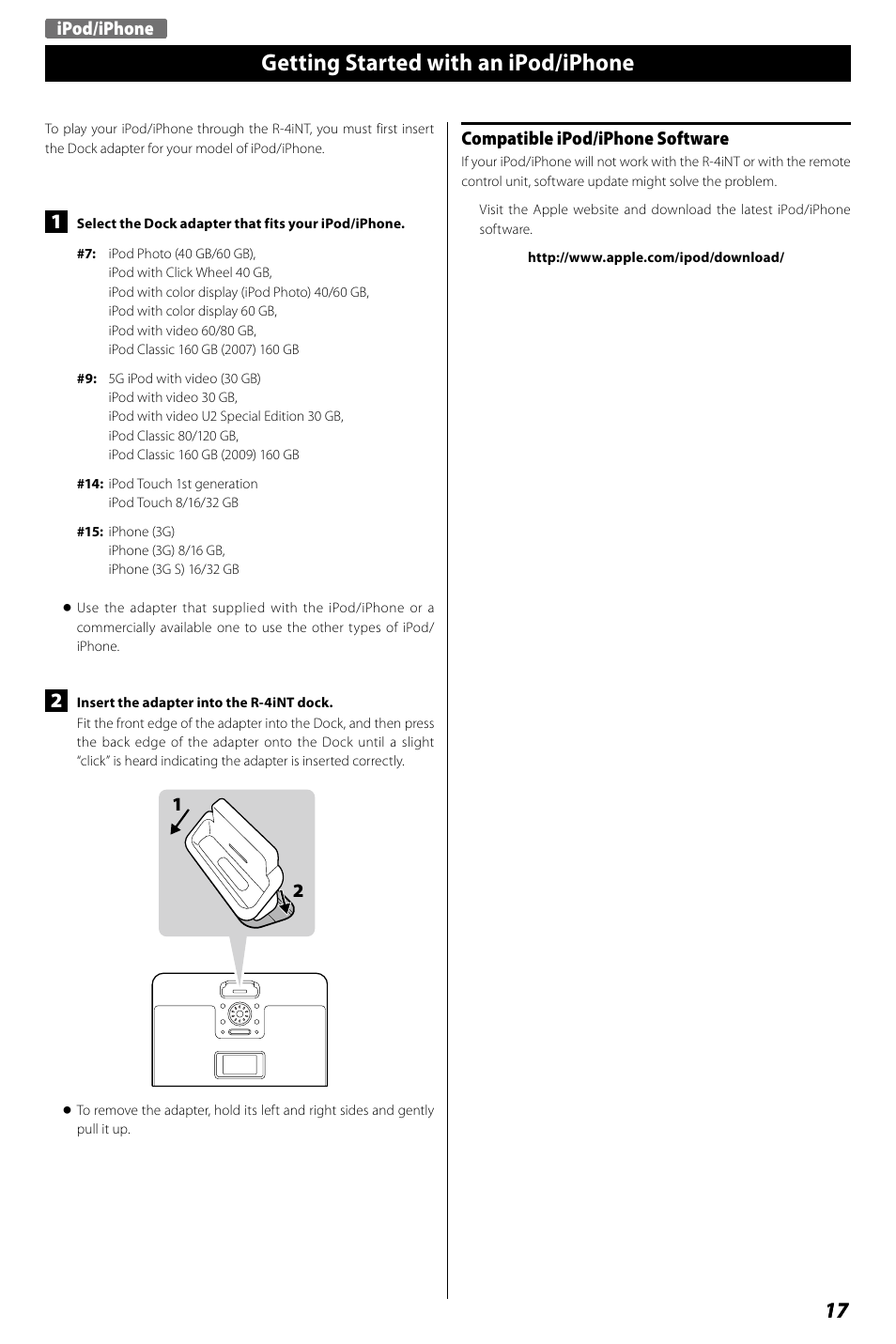 Listening to an ipod/iphone, Getting started with an ipod/iphone, Ipod/iphone | Compatible ipod/iphone software | Teac R4-INT User Manual | Page 17 / 36