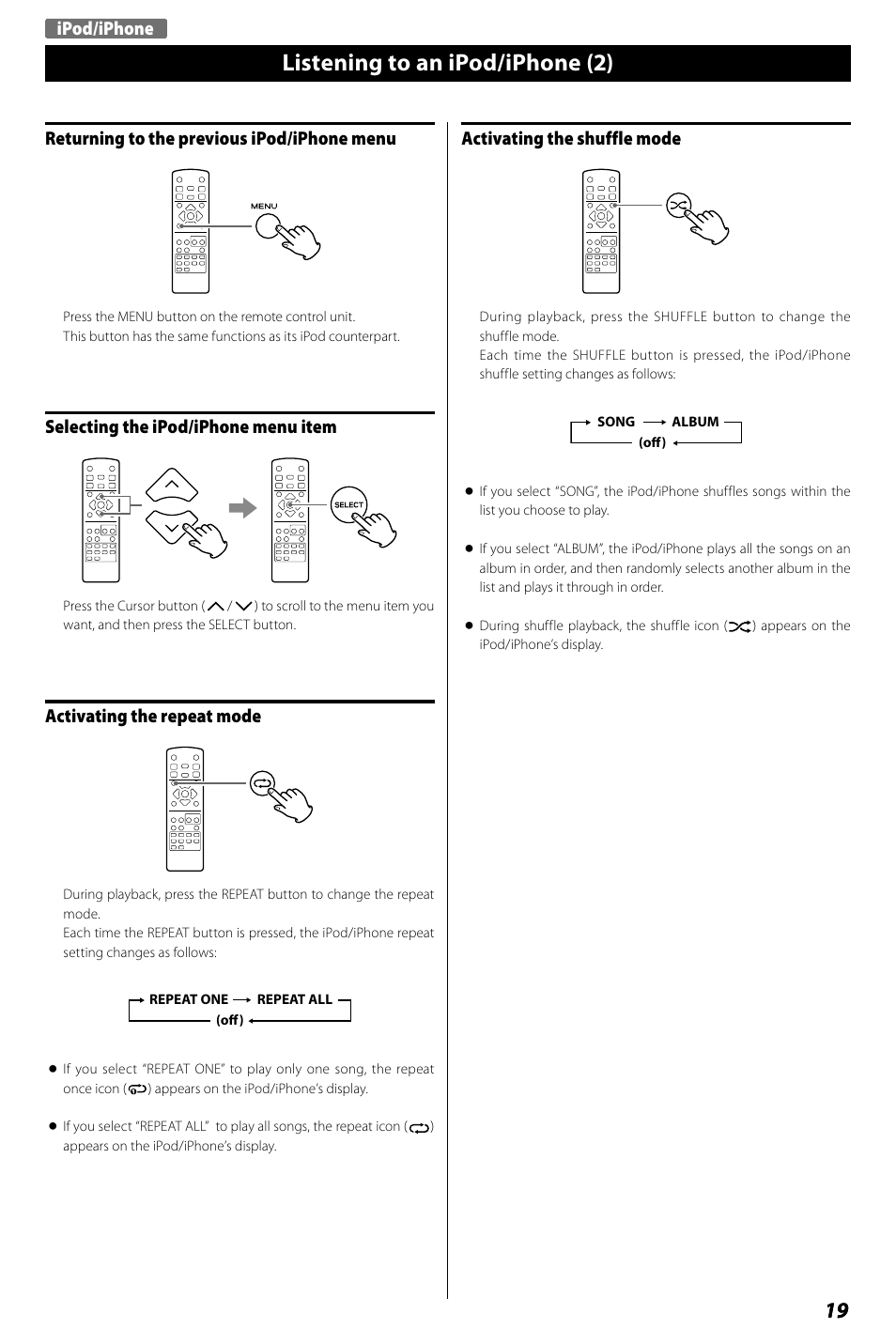 Listening to the internet radio/podcast, Listening to an ipod/iphone (2) | Teac R4-INT User Manual | Page 19 / 36