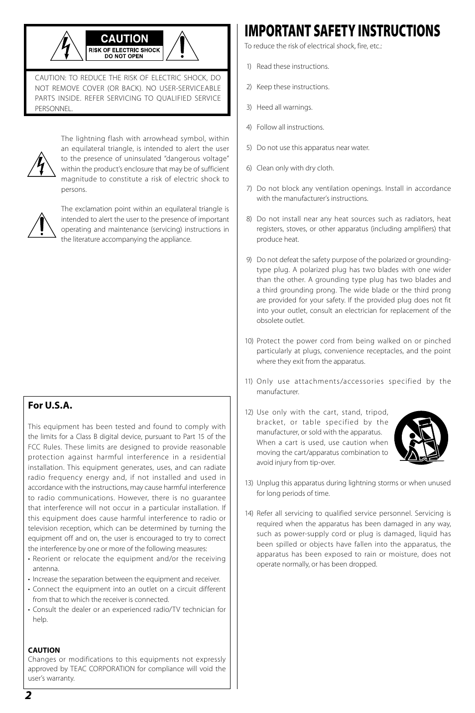 Important safety instructions, For u.s.a | Teac R4-INT User Manual | Page 2 / 36