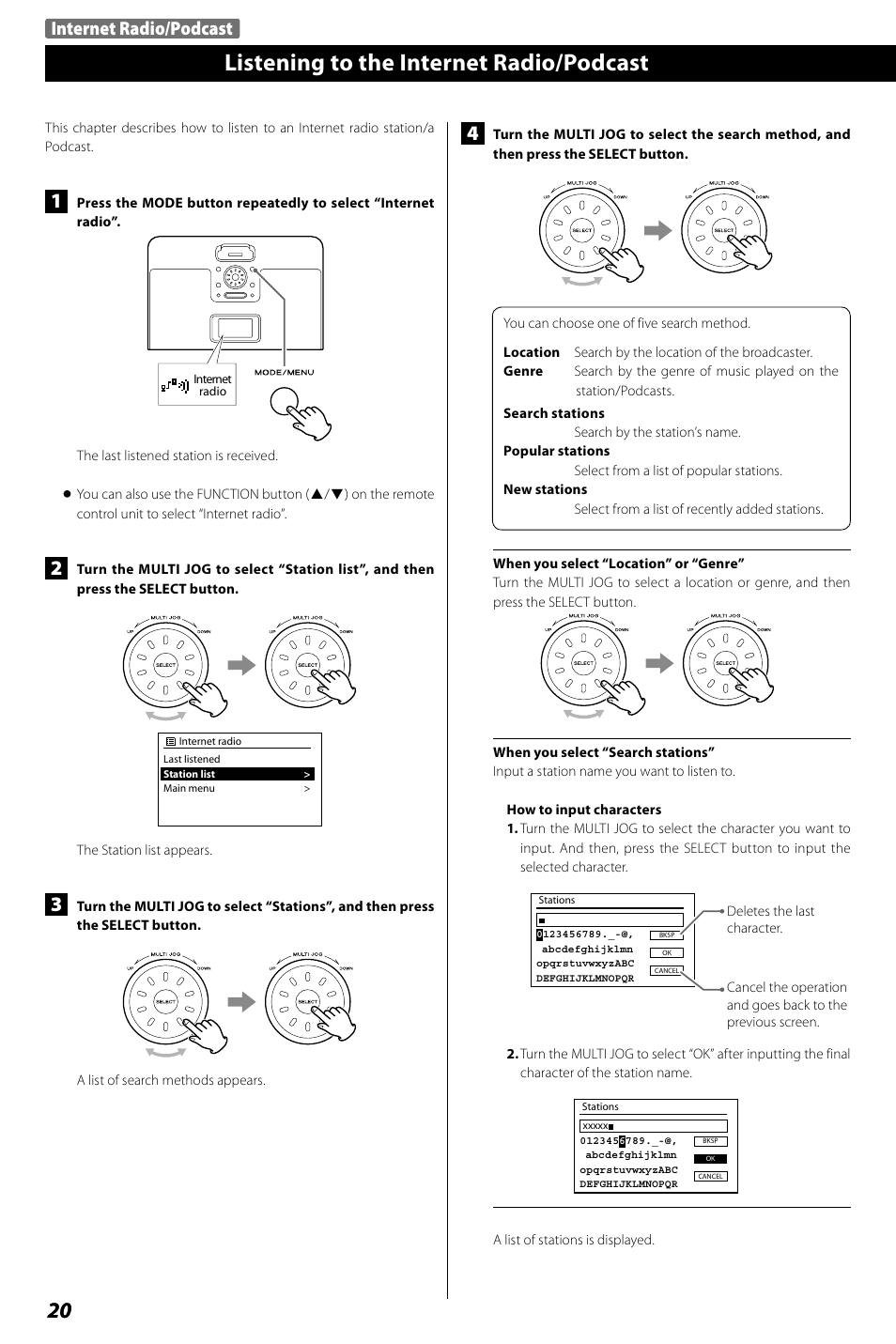 Settings the internet radio/podcast display, Listening to the internet radio/podcast, Internet radio/podcast | Teac R4-INT User Manual | Page 20 / 36