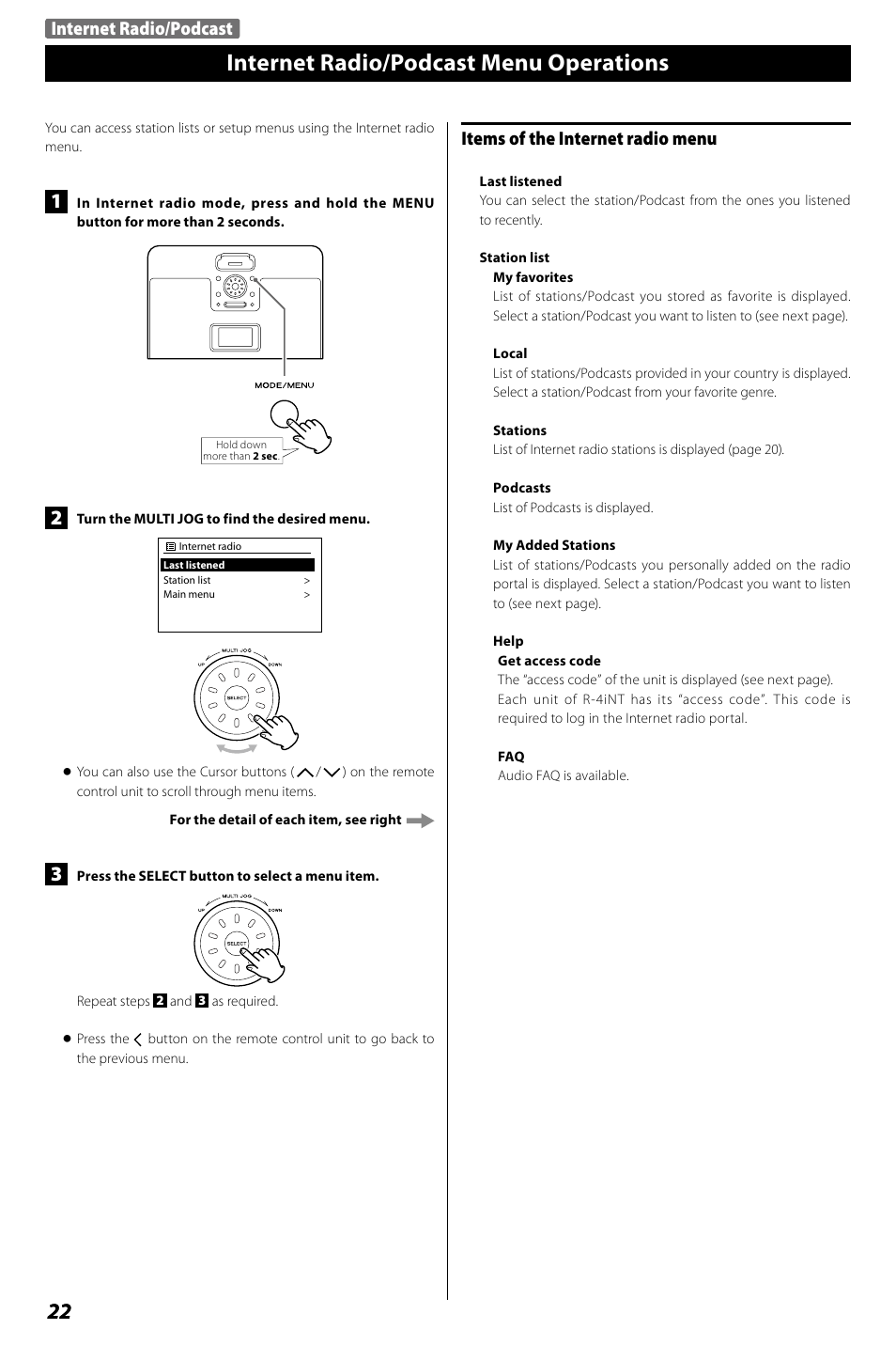 Internet radio/podcast menu operations, Radio portal, Items of the internet radio menu | Internet radio/podcast | Teac R4-INT User Manual | Page 22 / 36