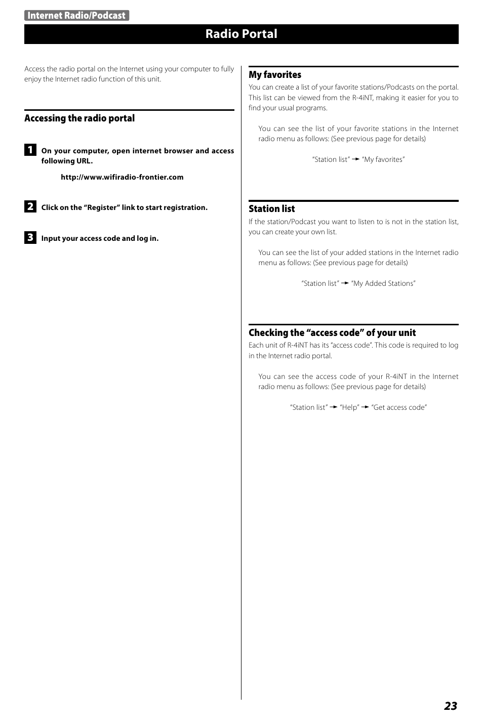 Listening to the fm radio, Radio portal | Teac R4-INT User Manual | Page 23 / 36