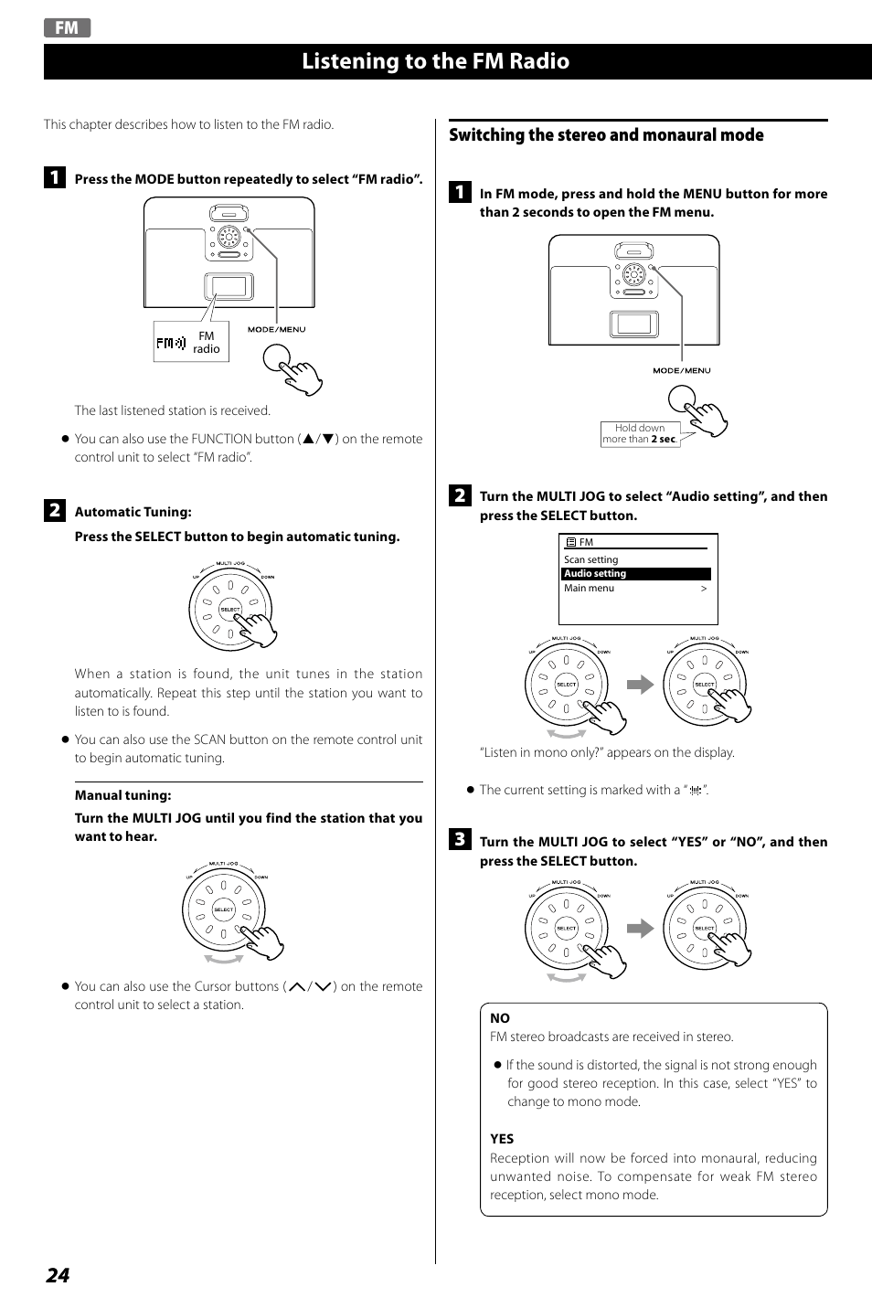 Preset tuning, Listening to the fm radio, Fm switching the stereo and monaural mode | Teac R4-INT User Manual | Page 24 / 36