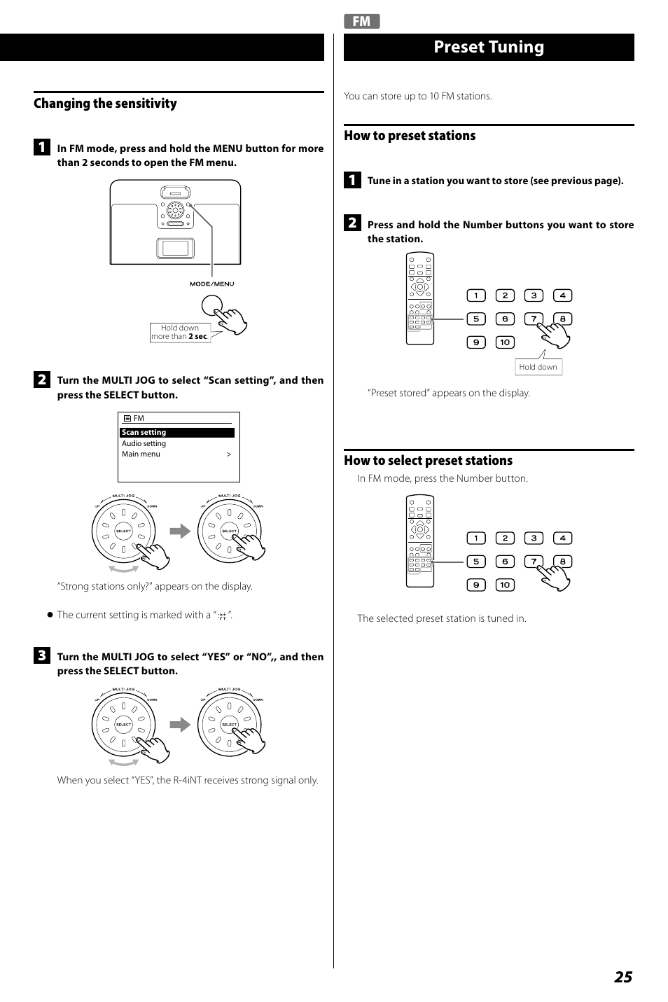 Preset tuning, How to preset stations, How to select preset stations | Fm changing the sensitivity | Teac R4-INT User Manual | Page 25 / 36