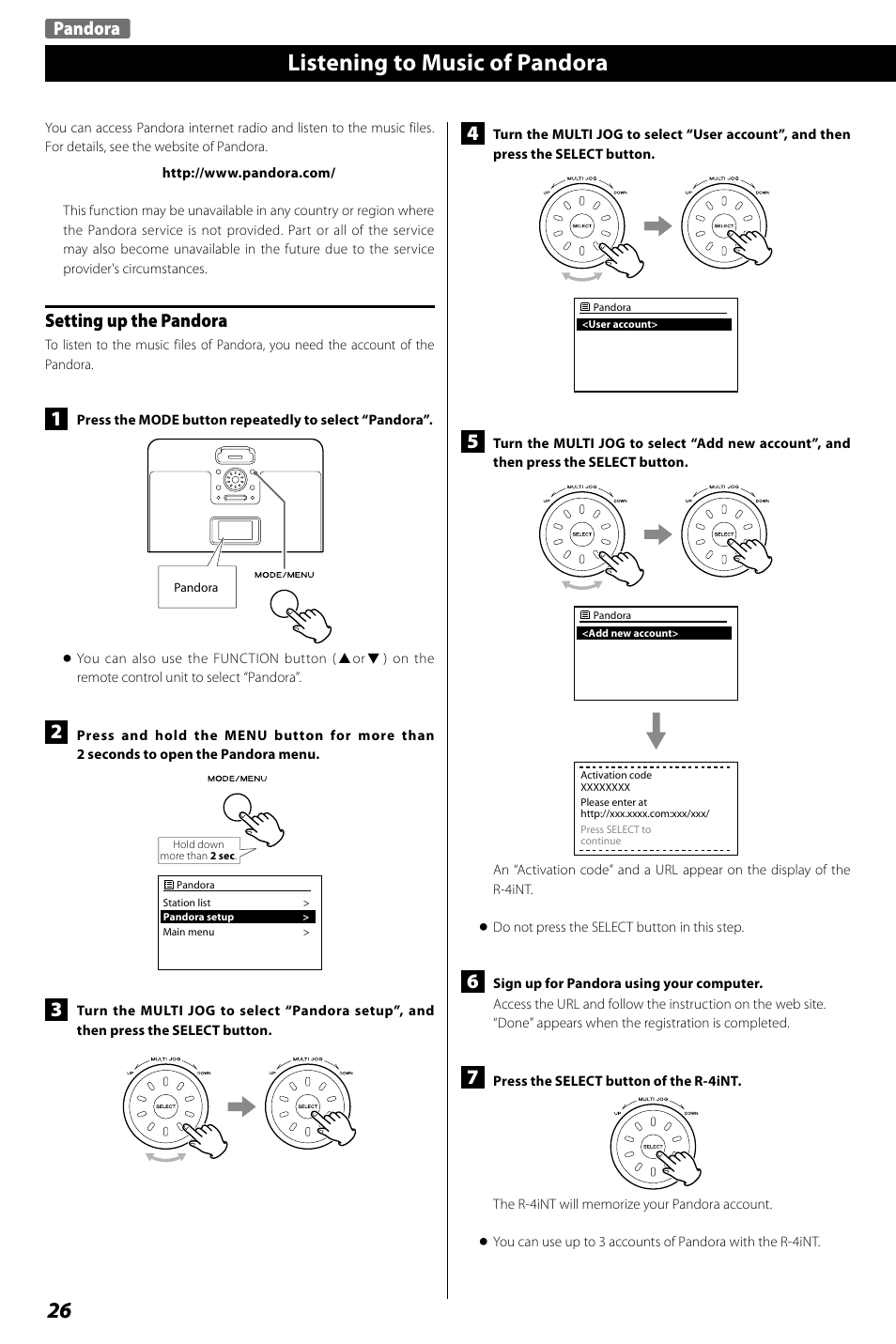 Listening to music of pandora, Pandora, Setting up the pandora | Teac R4-INT User Manual | Page 26 / 36