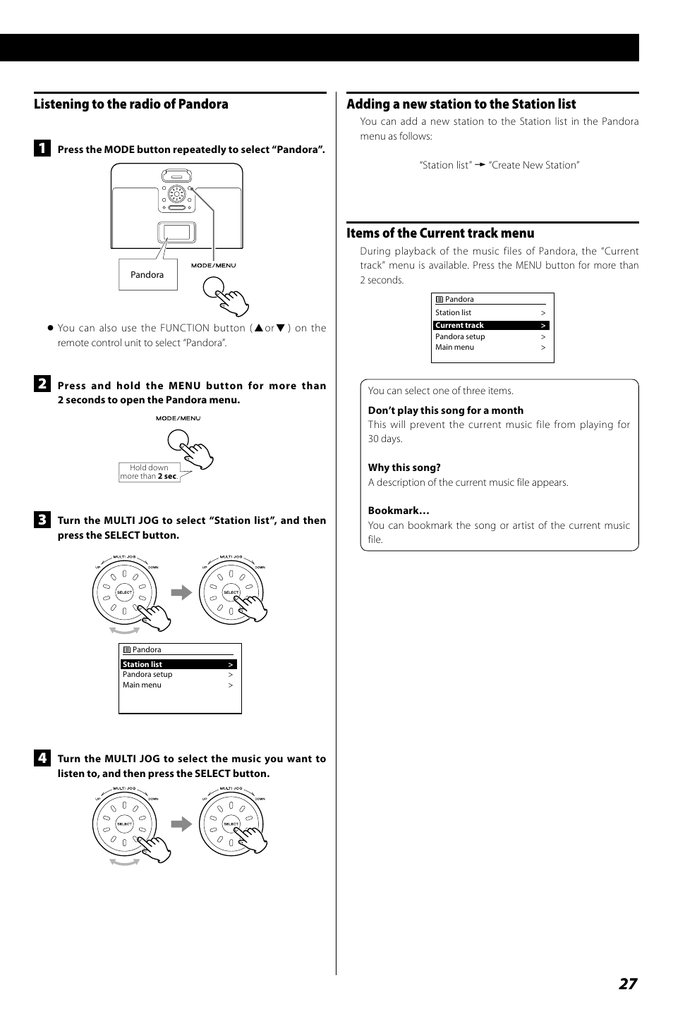 Listening to the radio of pandora, Adding a new station to the station list, Items of the current track menu | Teac R4-INT User Manual | Page 27 / 36